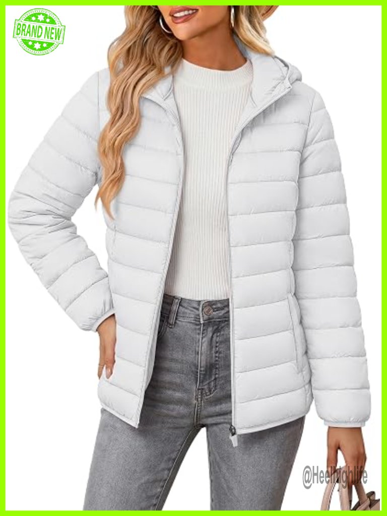 Women's Puffer Jacket Lightweight Quilted Hooded Zip-Up Winter Coat With Pockets